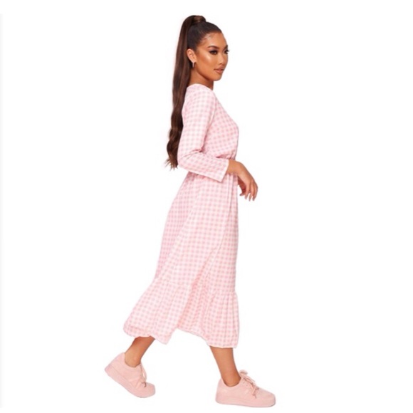 NEW! NWT Light Pink Gingham Ruffle-Hem Midi Dress - Picture 11 of 11